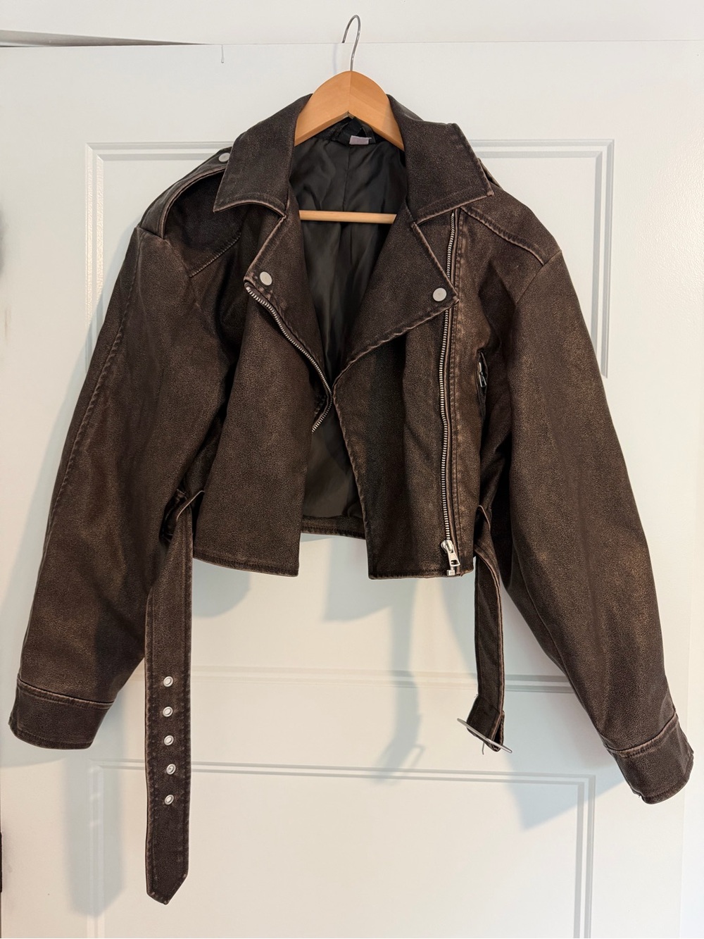 H&M Dark Brown Cropped Faux-Leather Moto Jacket with Belt